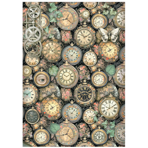 Pattern of vintage clocks and butterflies on a decorative background