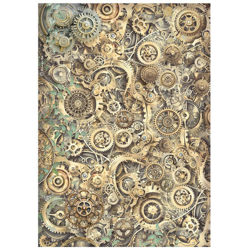 Pattern of gears and mechanical components on a white background