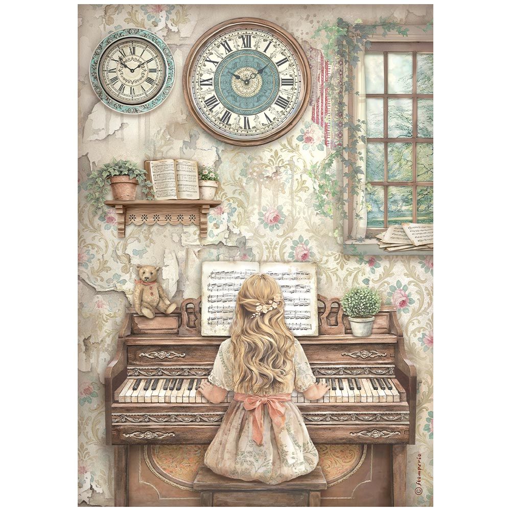 Vintage-style illustration of a girl playing an organ with decorative elements like clocks and plants.