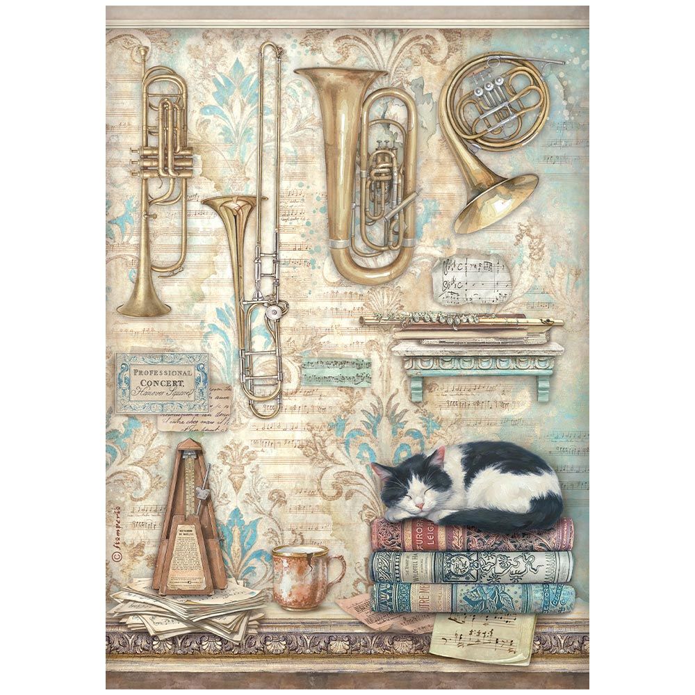 Decorative paper with musical instruments and a cat on books