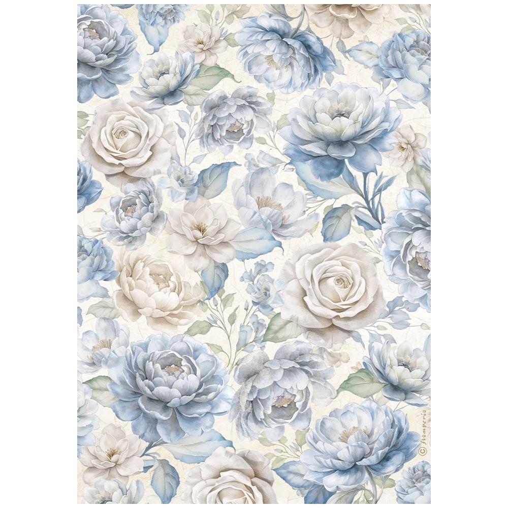 Floral pattern with blue and white flowers on a cream background