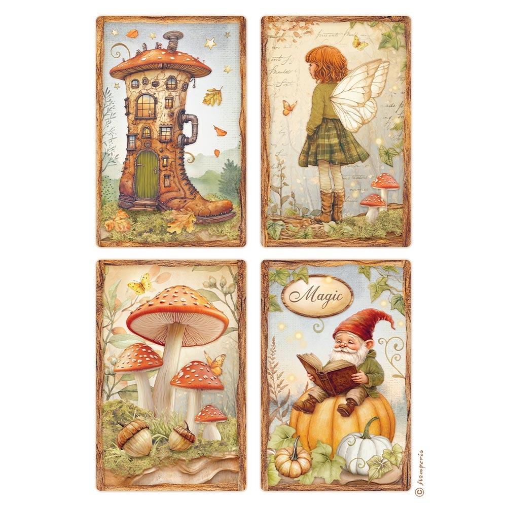 Set of four decorative panels featuring fairy tale-themed illustrations on a white background.