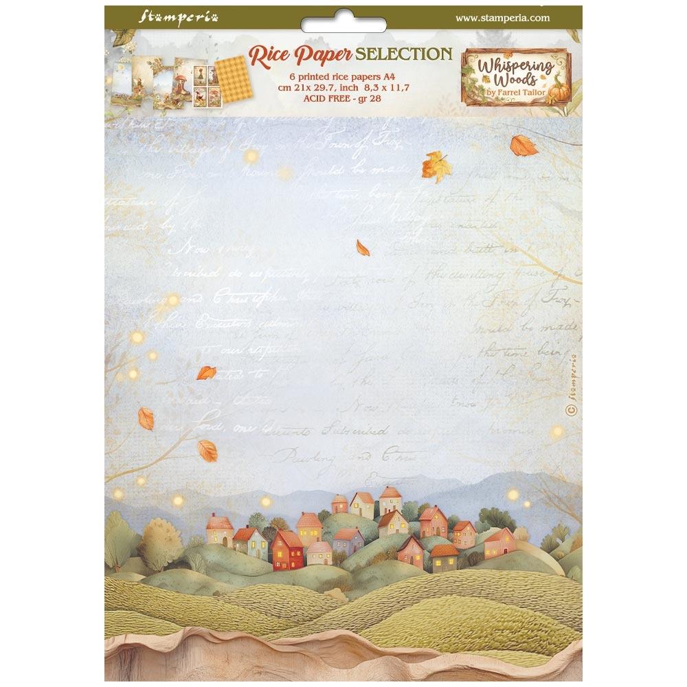 Packaged rice paper selection with a scenic design of a village and trees.