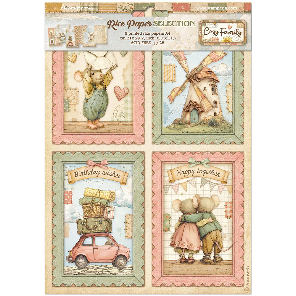 A sheet of Cozy Family rice paper selection cards featuring four vintage-style illustrated panels with bears, a windmill, a pink car, and holiday text, shown against a plain white background.