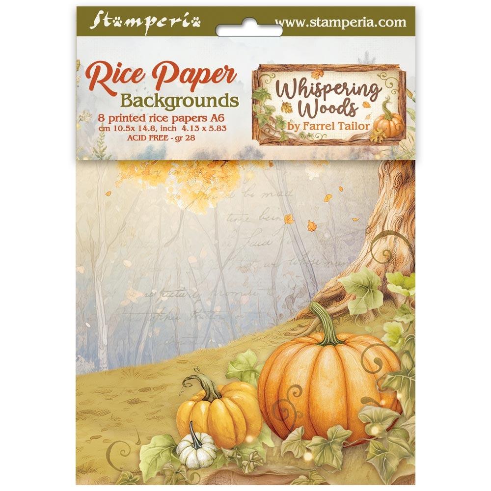 Packaging of Stamperia rice paper backgrounds with pumpkins and wood design.