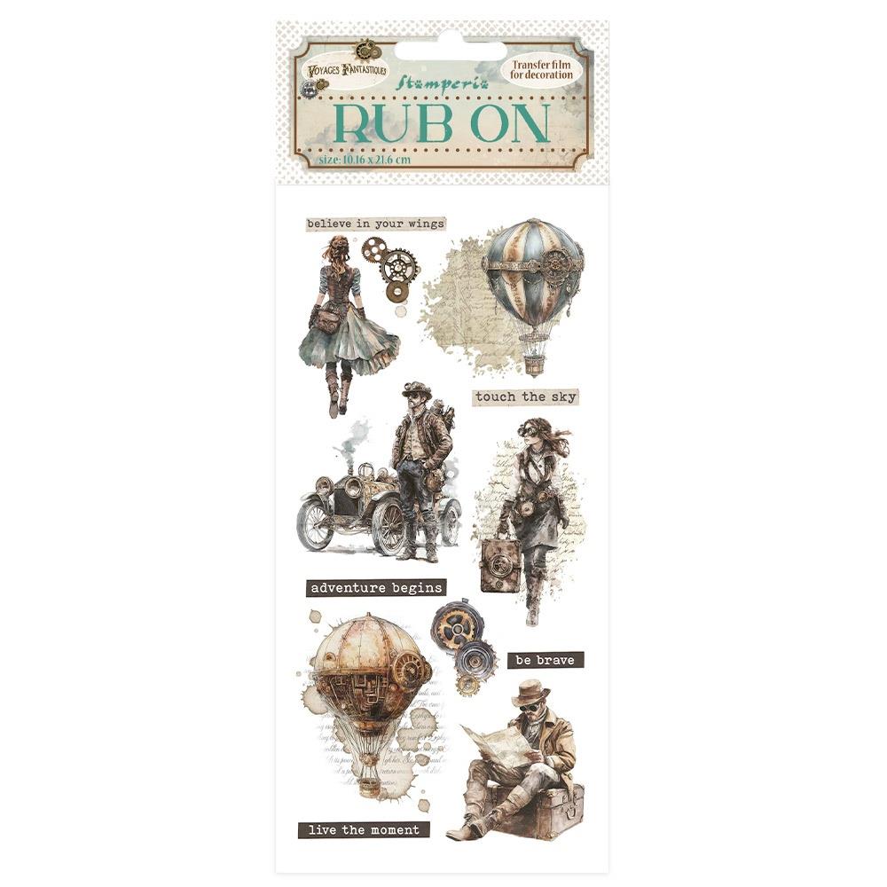 Steampunk-themed rub-on transfers with vintage illustrations and text 