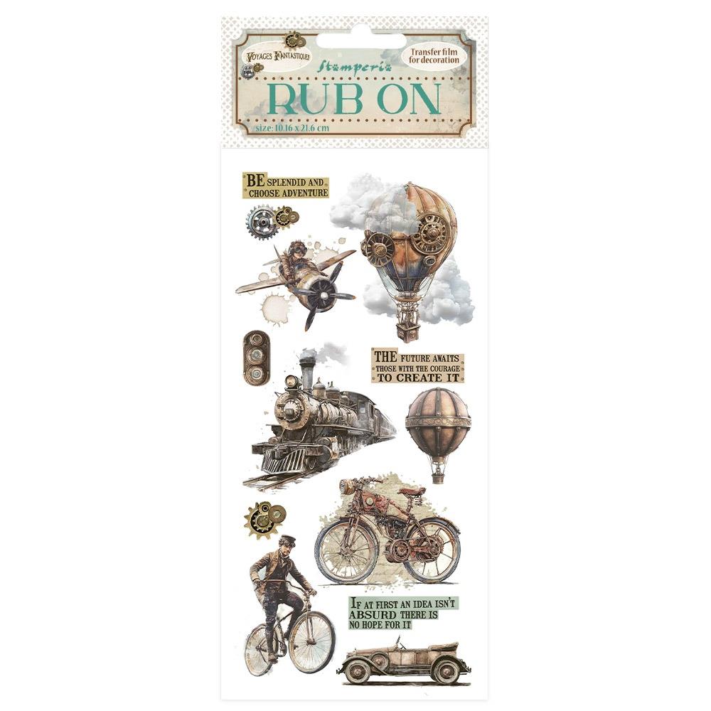 Steampunk-themed rub-on transfers with vintage vehicles and text 