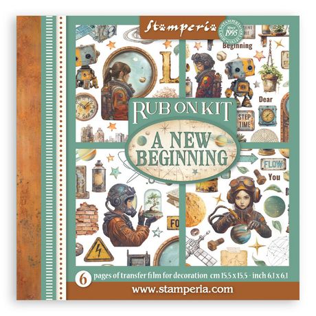 Stamperia Rub On Kit titled 'A New Beginning' with decorative elements on a white background.