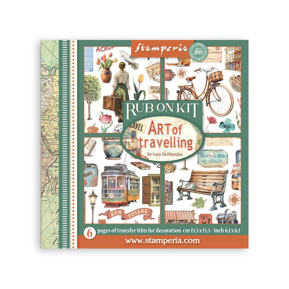 Stamperia Rub On Kit for travel-themed decoration with colorful design on a white background