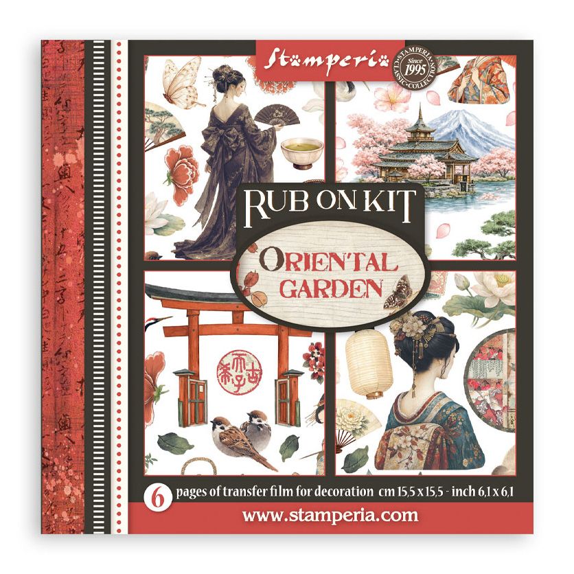 Rub on kit packaging with 'Oriental Garden' design and Stamperia branding.