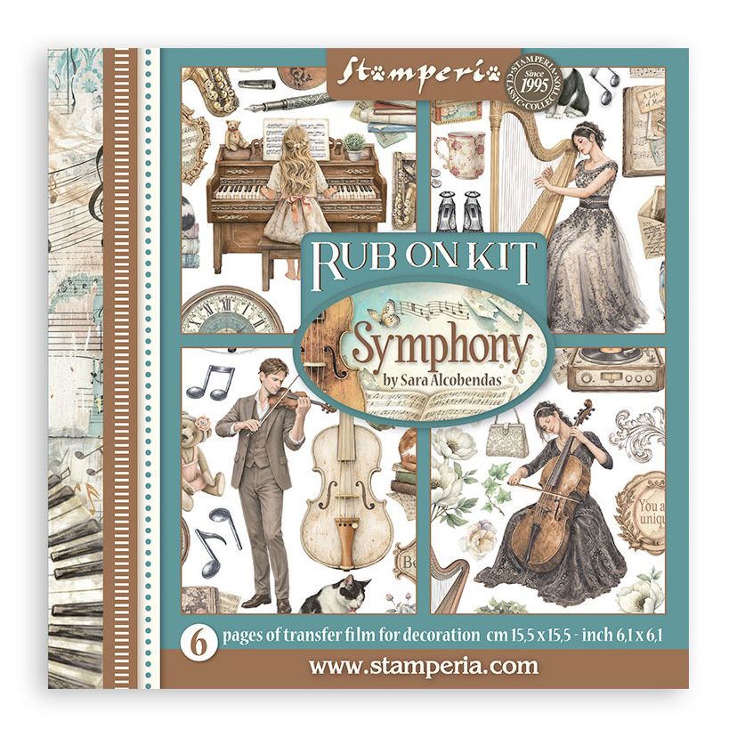 Stamperia Symphony rub on kit packaging with musical-themed illustrations.