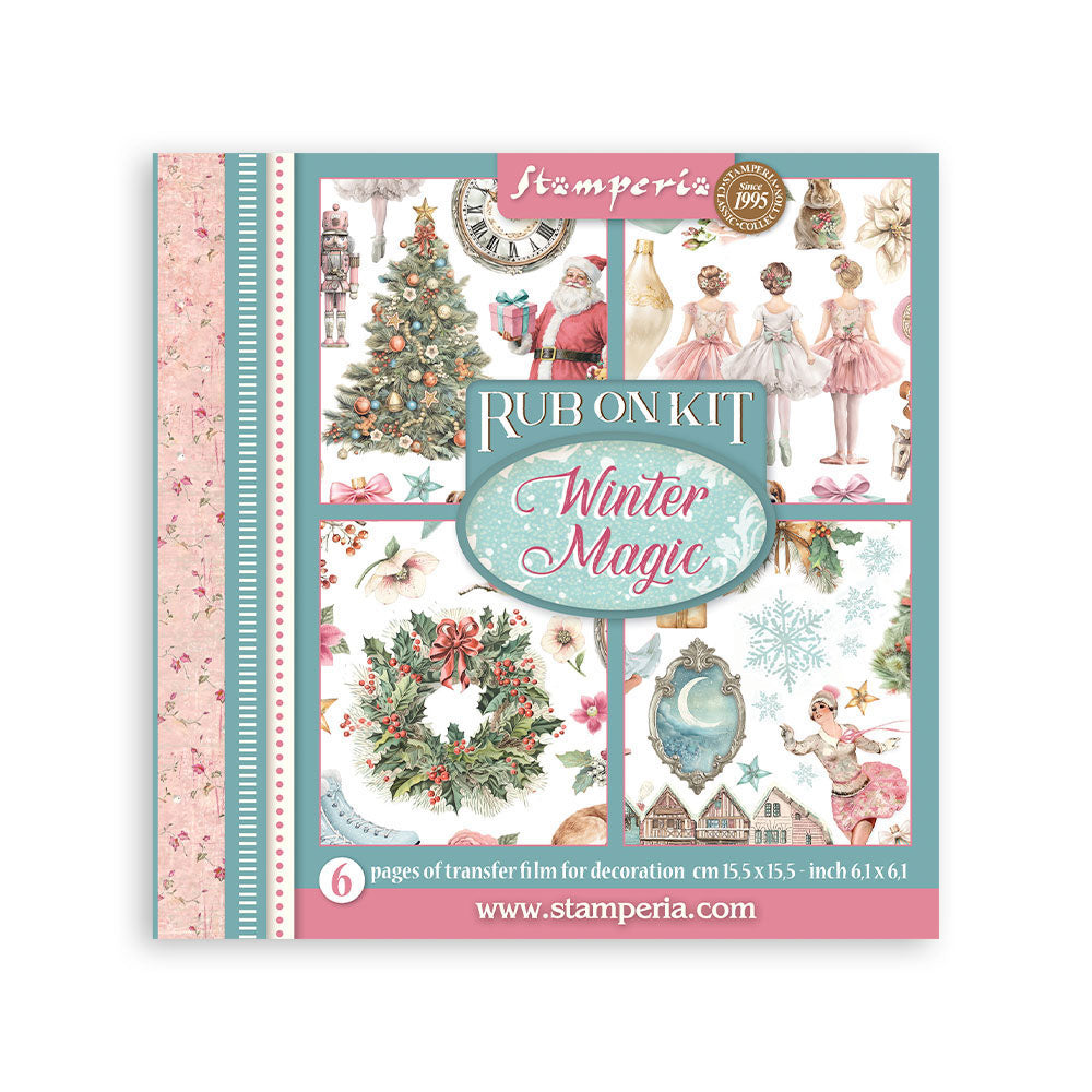 Stamperia 'Rub on Kit' 'Winter Magic' transfer film packaging, featuring a collage of vintage Christmas illustrations, a pink floral patterned strip, and product details on a white background.
