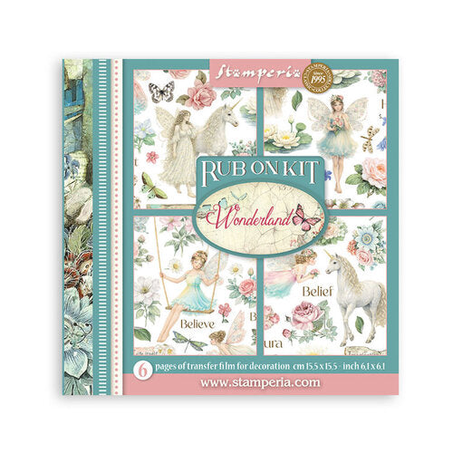 Stamperia Rub On Kit with fairy and unicorn design on a white background