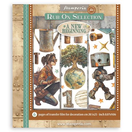Stamperia Rub On Selection packaging with illustrations and text on a beige background