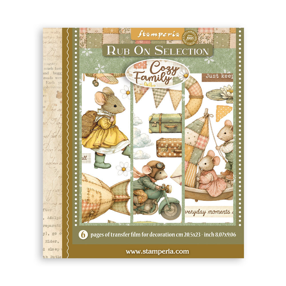 Stamperia 'Rub On Selection' 'Cozy Family' transfer film sheet, featuring vintage-style illustrations of mice in domestic scenes with a color palette of muted greens, creams, and warm browns.