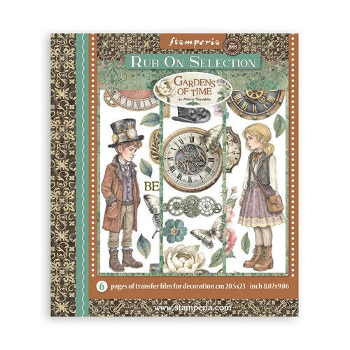 Stamperia 'Gardens of Time' Rub On Selection packaging with decorative elements and illustrations.