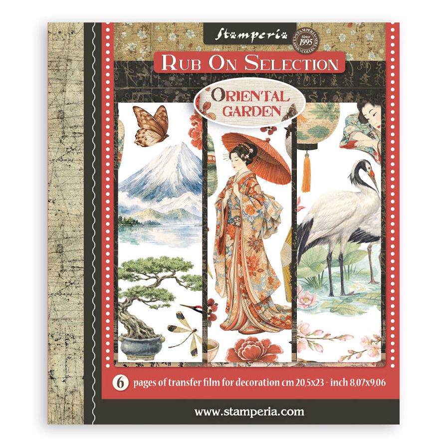 Stamperia Rub On Selection Oriental Garden transfer film packaging with Japanese-themed design.
