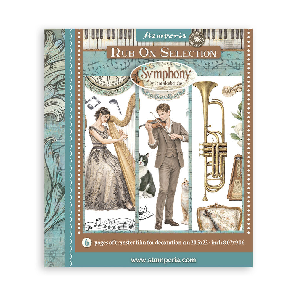 Stamperia Symphony rub-on transfer selection packaging with musical-themed design.