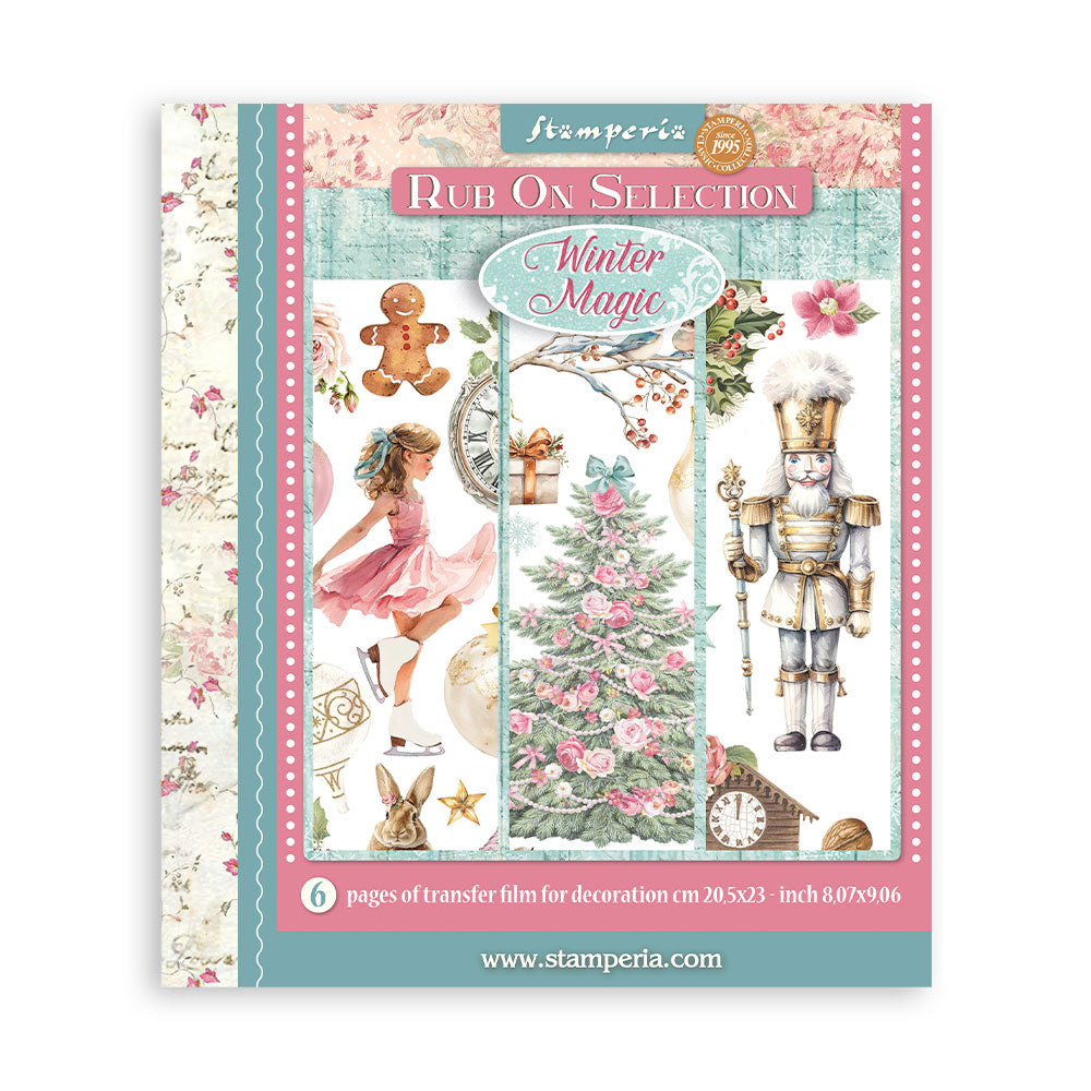 Stamperia Rub On Selection with winter-themed designs on a white background