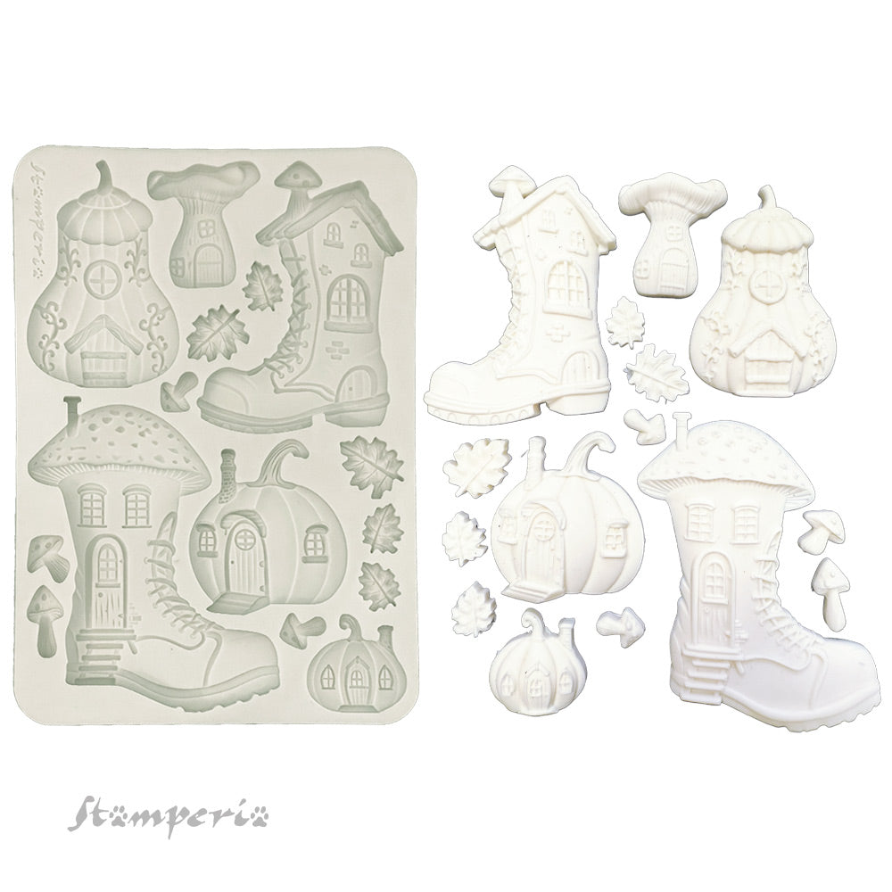 Decorative silicone mold with fairy house and boot designs on a white background, featuring the brand 'Stamperia'.