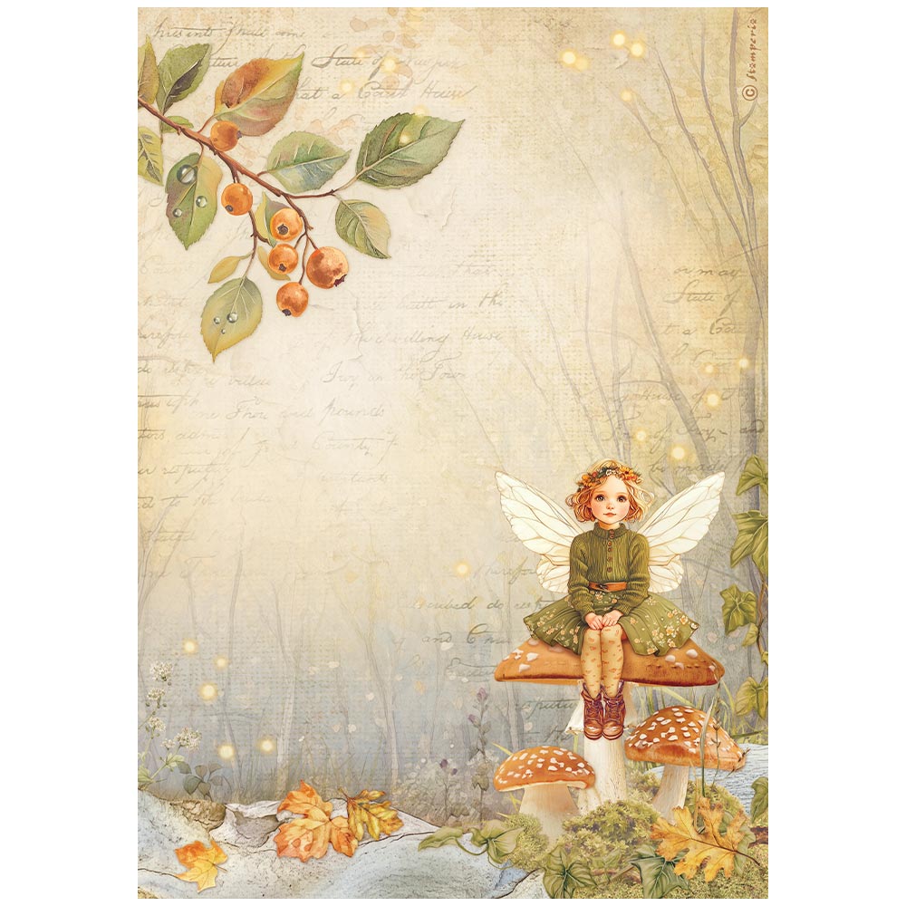 Fairy sitting on a mushroom in a fantasy forest with leaves and berries.