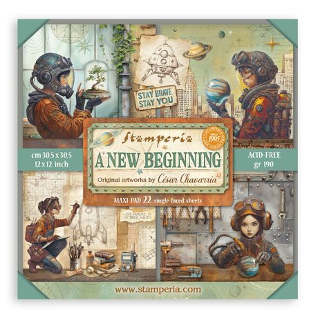 Stamperia 'A New Beginning' art pad with space-themed illustrations and text.