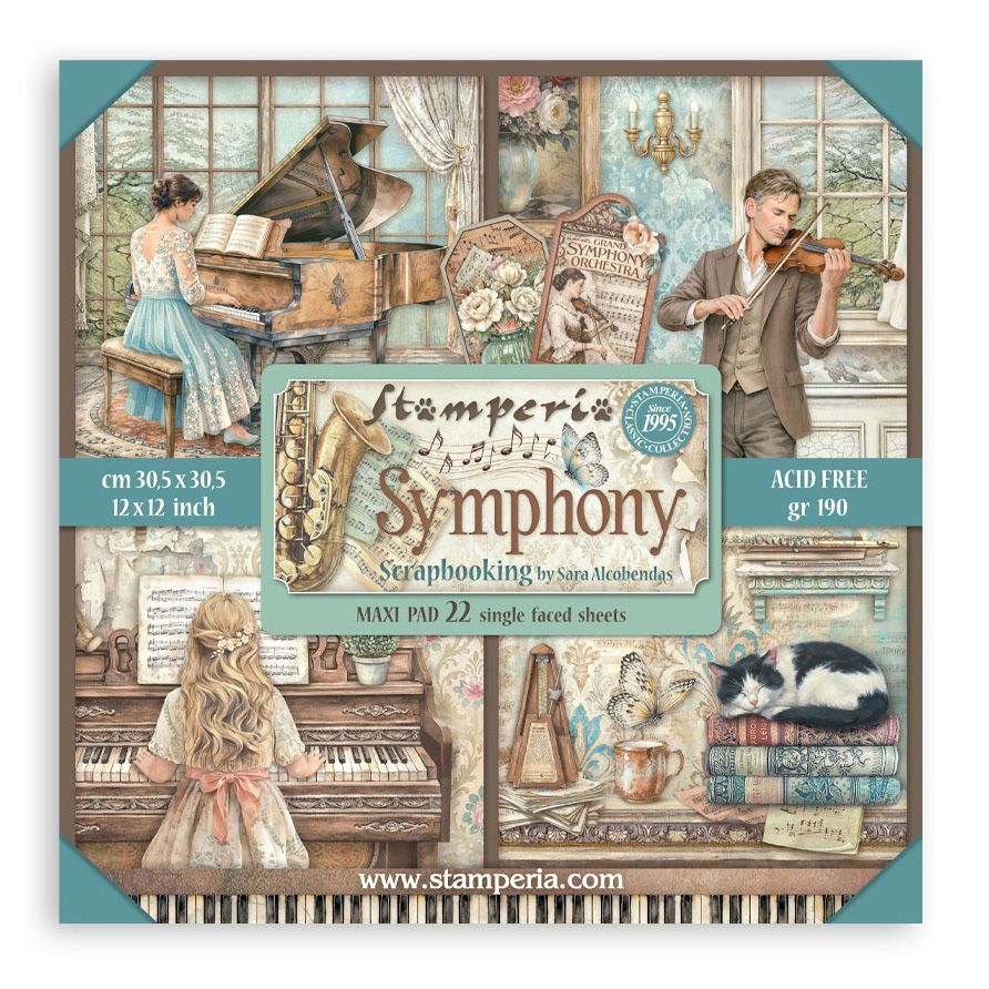 Stamperia Symphony scrapbooking paper pad packaging with illustrations of people playing instruments and a cat.