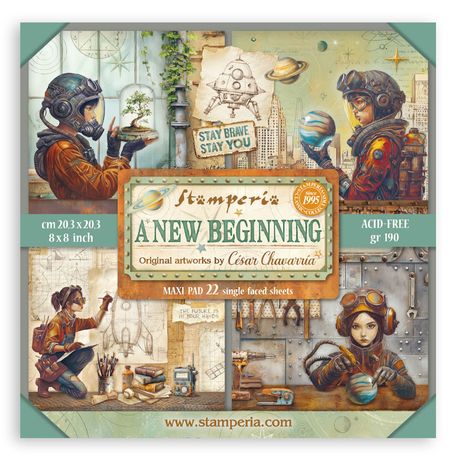 Stamperia 'A New Beginning' art pad with space-themed illustrations and text.