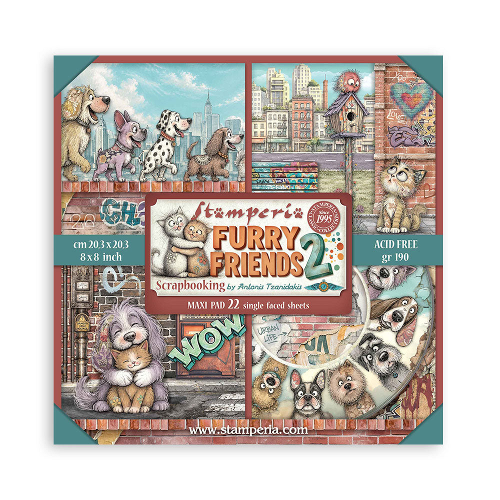 Stamperia Single-Sided Paper Pad 8x8 - Furry Friends 2