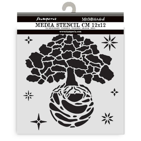 Stamperia Media Stencil CM 12x12 with tree design on a white background