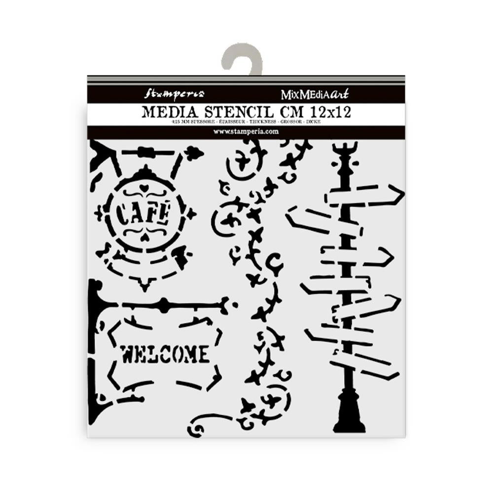 Stamperia Stencil 12cm x 12cm - Art of Travelling Lamp And Sign