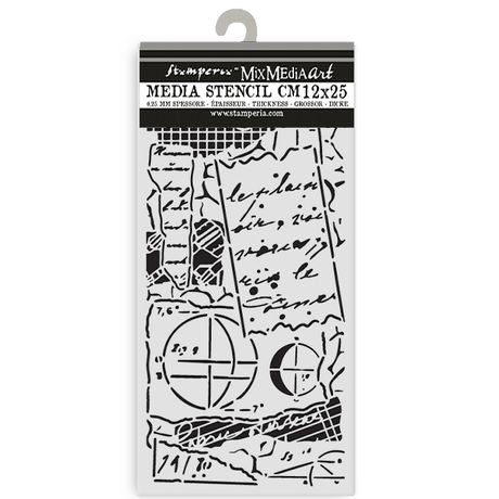 Stamperia Media Stencil CM12x25 with artistic design on a white background