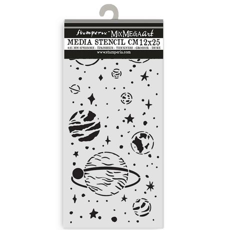 Stamperia Mix Media Art stencil with planetary designs on a white background
