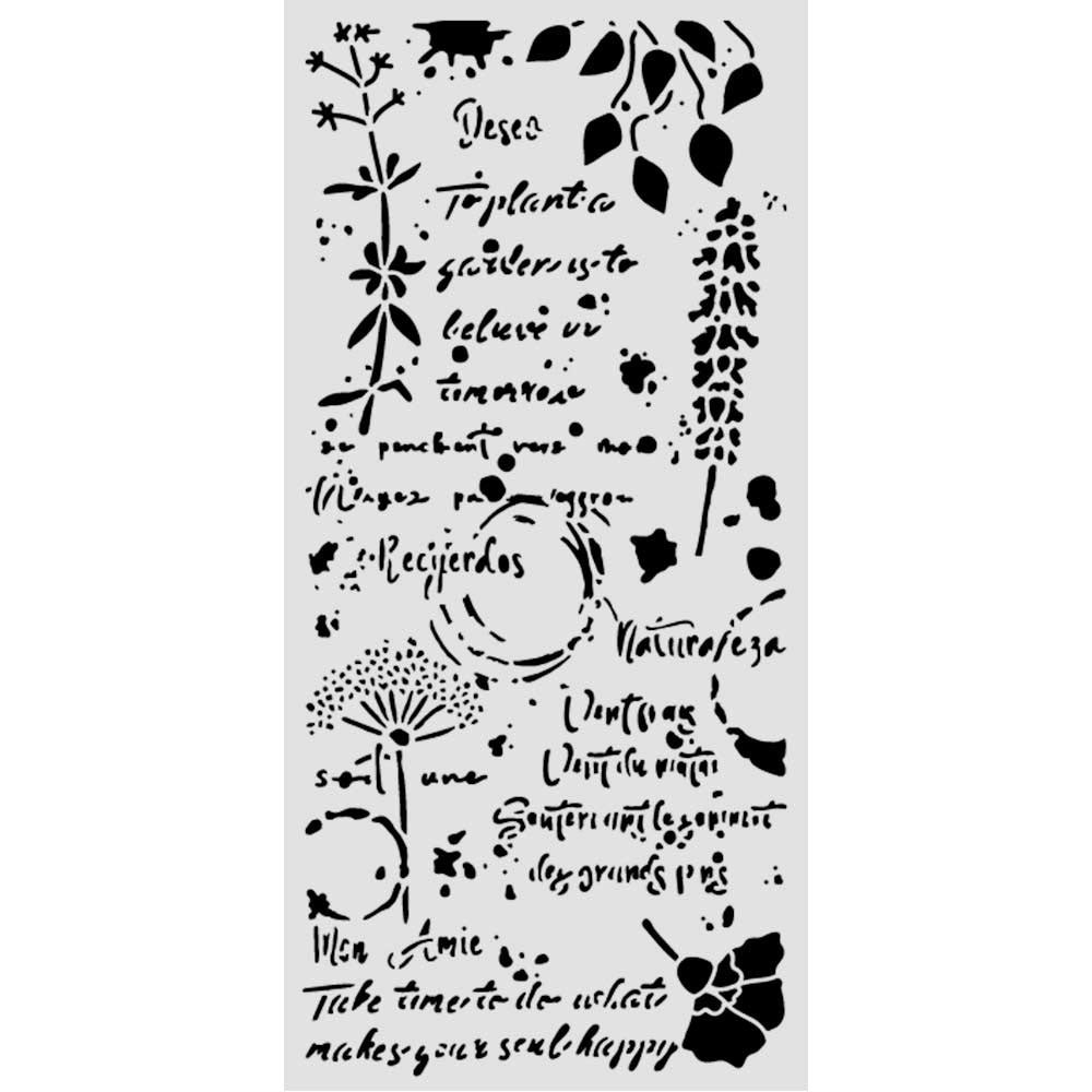 A rectangular stencil sheet featuring black botanical and typographic designs on a light gray background, including leaves, flowers, dandelion outlines, and multiple phrases in French and English.