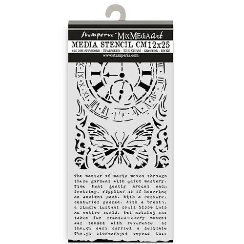 Stamperia Media Stencil with clock, butterfly, and text design on a white background