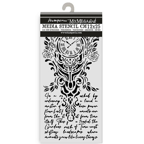 Stamperia Media Stencil with clock design and text on packaging