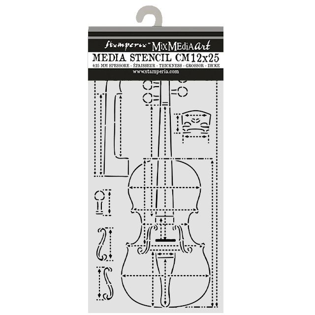 Stamperia Media Stencil for crafting with violin design on a white background