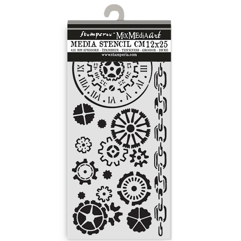 Stamperia Media Stencil with gears and Roman numeral design