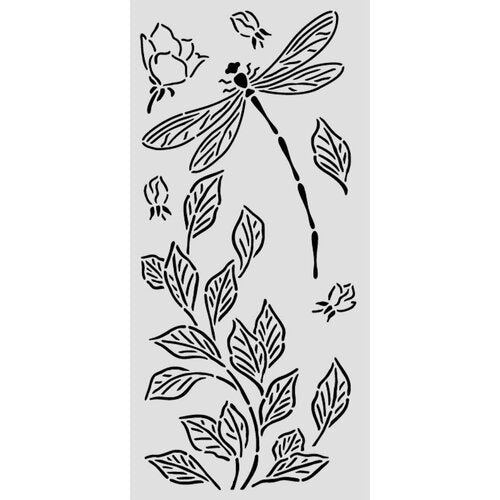 Decorative stencil with a dragonfly and floral design on a white background