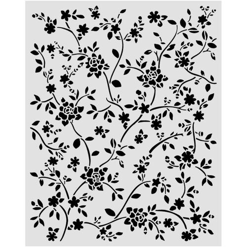 Floral pattern with black flowers and leaves on a white background