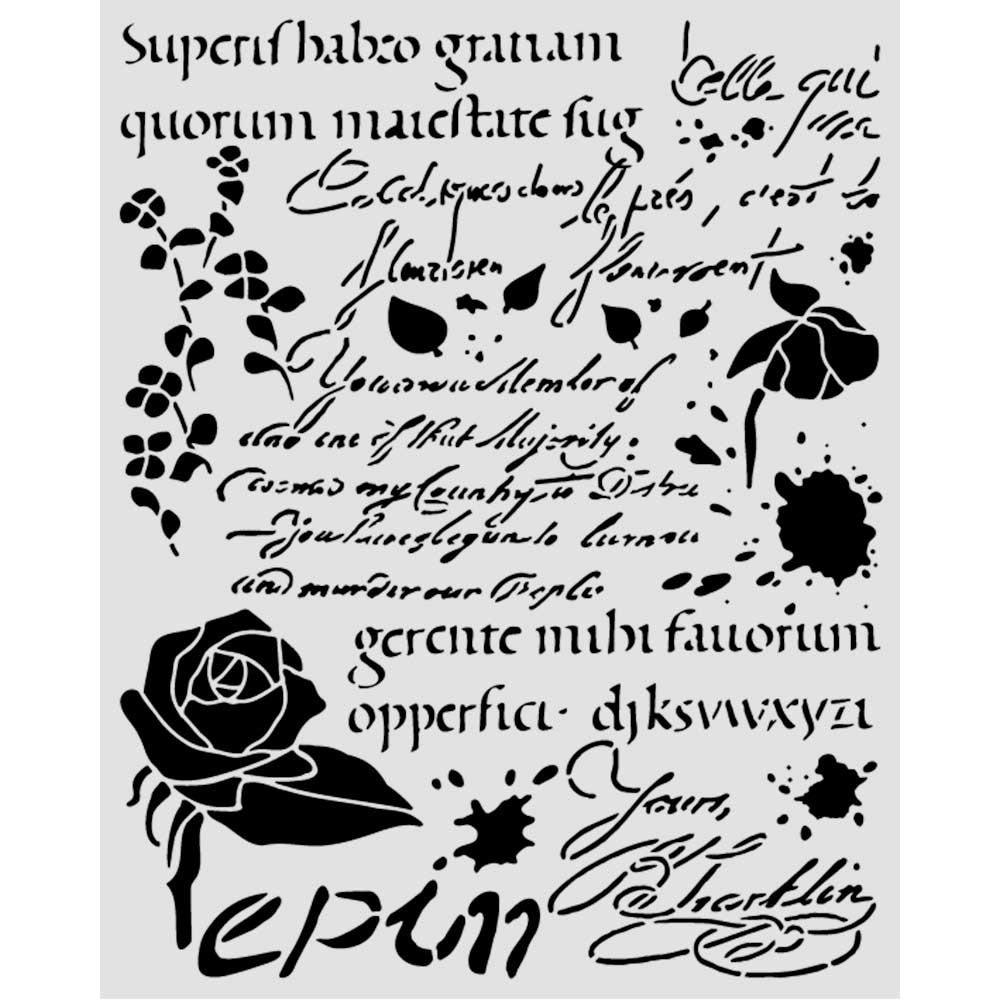 A black temporary tattoo or stencil sheet featuring various designs including a large rose, smaller floral elements, script calligraphy, and ink splatters on a light gray background.