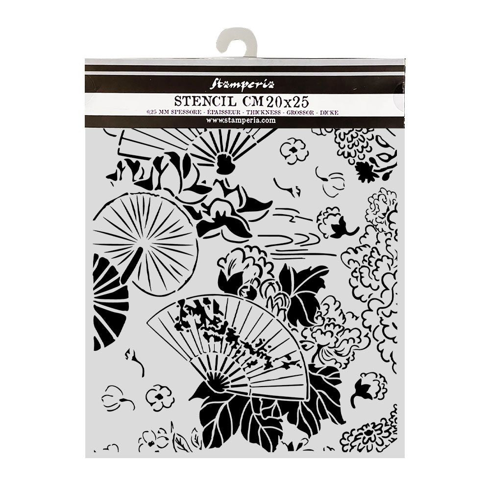 Decorative stencil with floral and fan designs on a white background