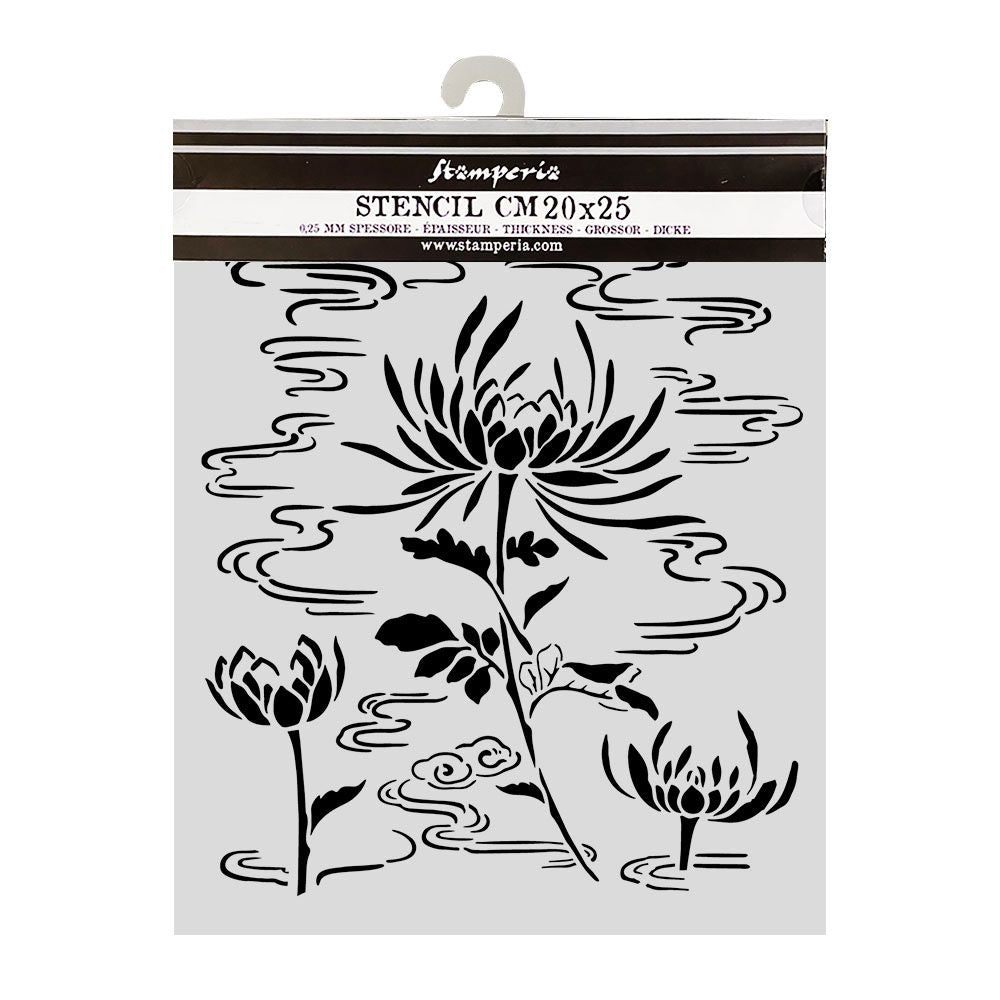Floral stencil with 'Framperia' branding on a white background