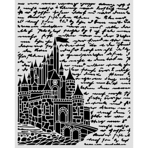 Black castle illustration on a white background with handwritten text