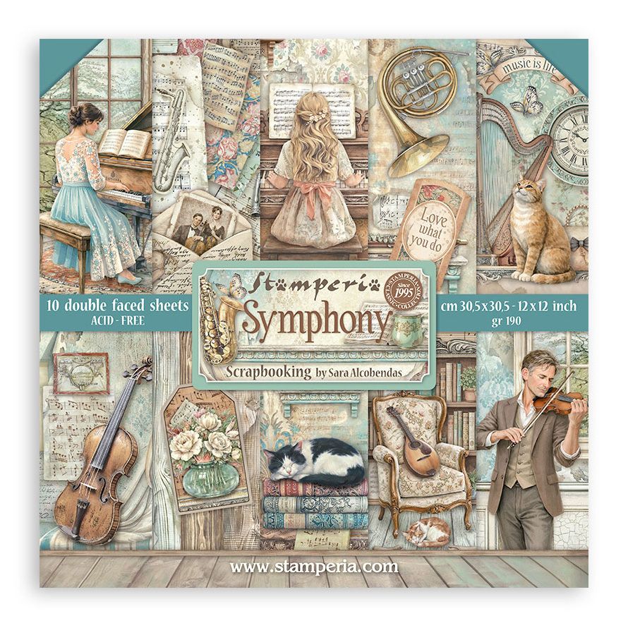 Scrapbooking paper pack with musical-themed design featuring people, animals, and instruments.