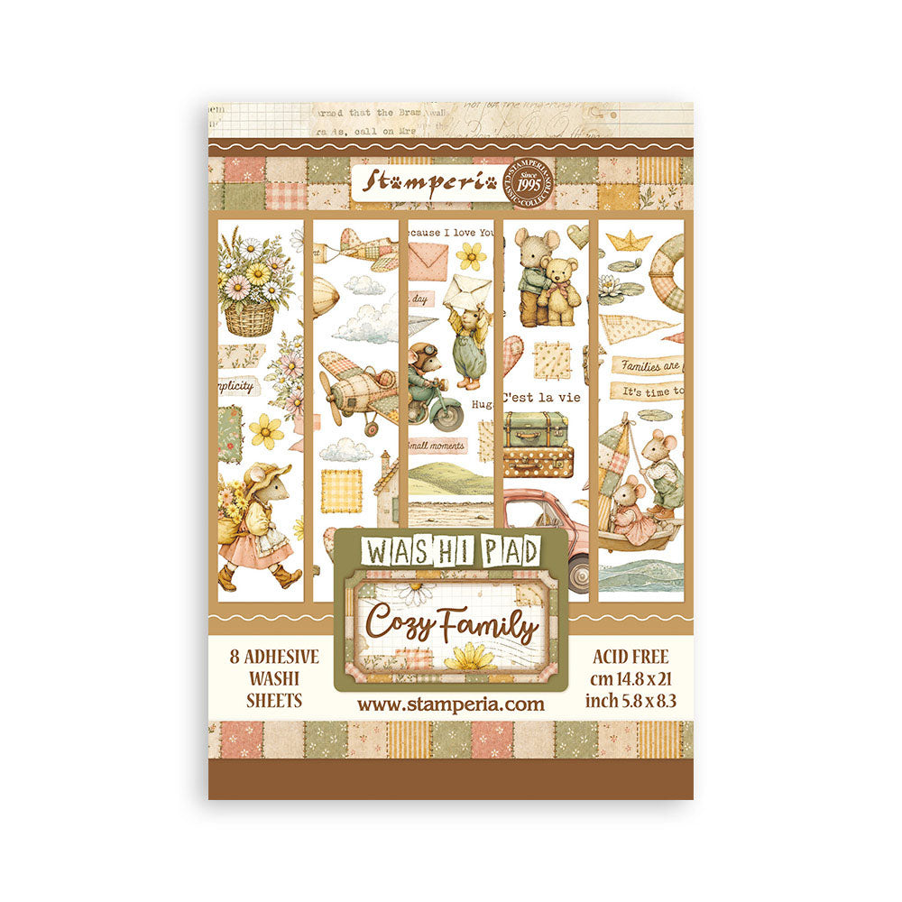 Stamperia 'Cozy Family' washi pad featuring vintage teddy bear and travel-themed adhesive sheets, shown on a clean white background.