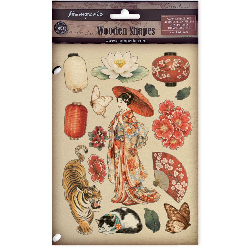 Packaging of Stamperia wooden shapes with Japanese-themed designs on a beige background.