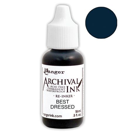 Bottle of Archival Ink by Ranger with a dark blue color swatch on a white background