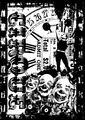 Vintage-style ticket with clown design and text