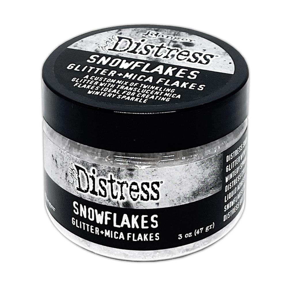 Distress Snowflakes glitter and mica flakes container with black lid 